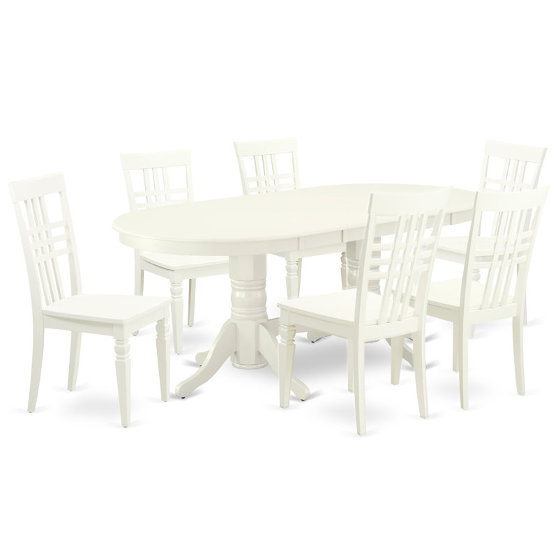 7 Piece Dining Table Set Consist of an Oval Dinner Table with Butterfly Leaf and 6 Dining Room Chairs, Linen White