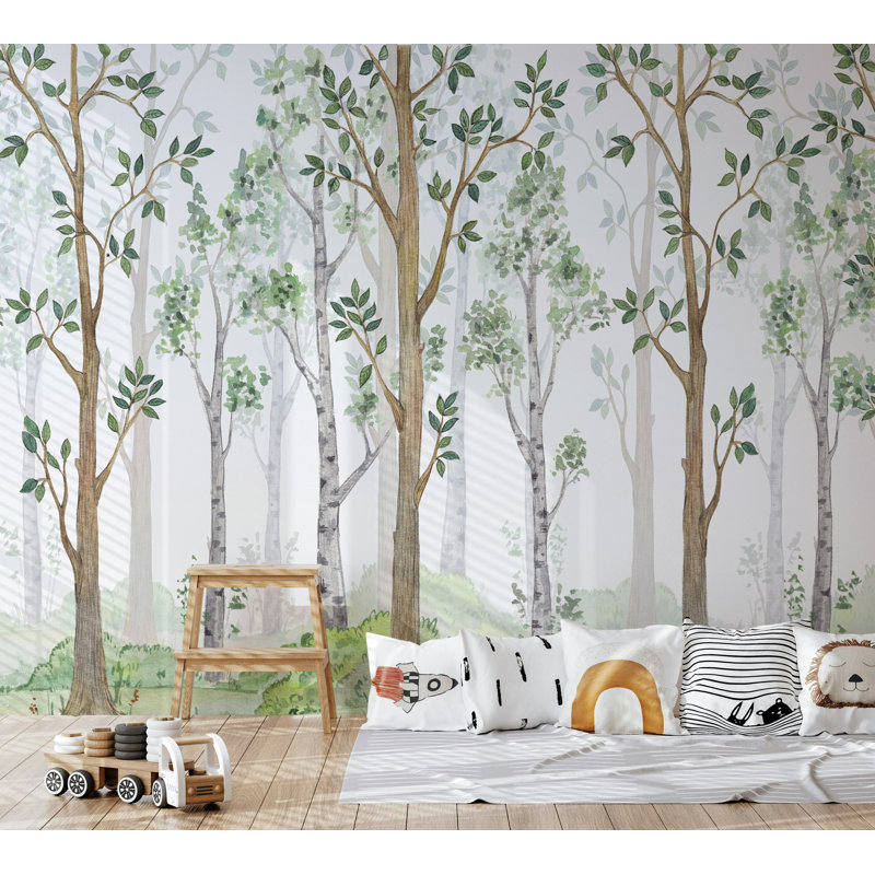 Papier peint arbres aquarelle forêt verte, L 105,96 po x l 187 po