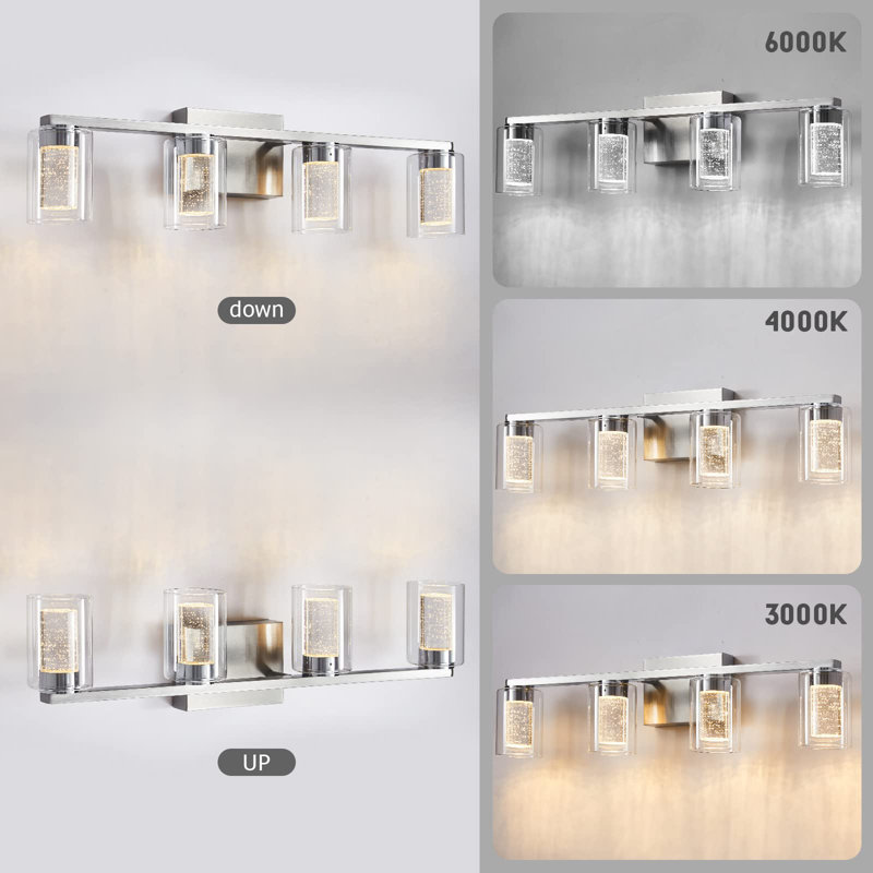 Dimmable 4-Light Brushed Nickel Vanity Bathroom Light with Clear Glass Shades