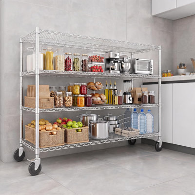 Étagère métallique à 4 niveaux sur roulettes, étagères de rangement en métal chromé, unité de rangement robuste et réglable avec roulettes verrouillables et pieds de nivellement pour garage ou cuisine