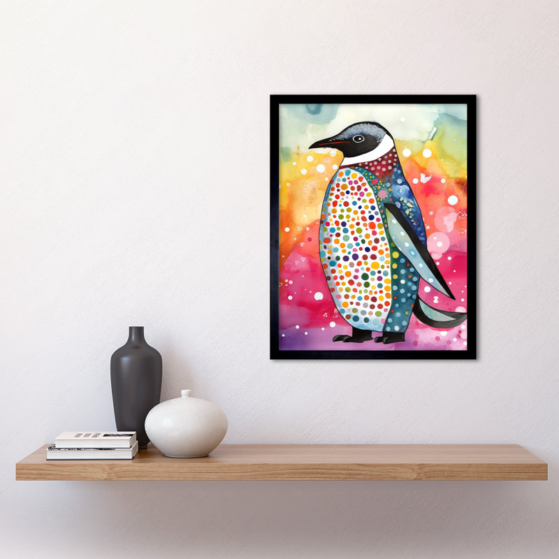Cute Multicoloured Spot Penguin Folk Art Art Print Framed Poster Wall Decor 12x16 inch