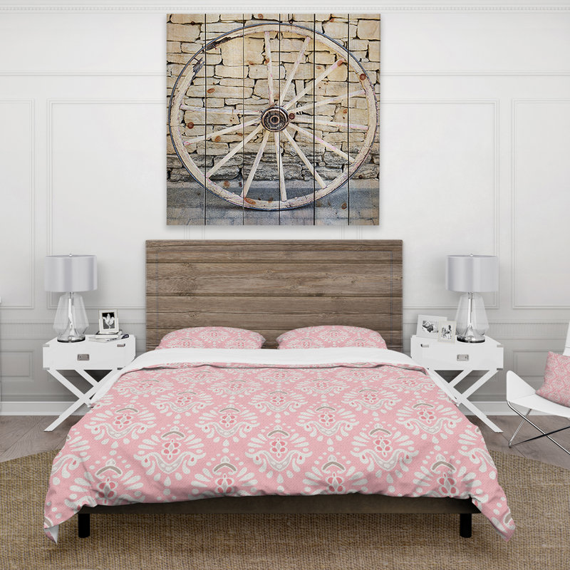 Cute Pink Tiled Pattern - Lake House Damask Duvet Cover Set - Microfiber Polyester, King Duvet Cover + 2 Shams