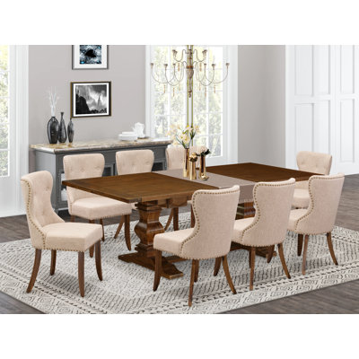 9 Piece Kitchen Table Set Includes a Rectangle Dining Table with Removable Leaf and 8 Light Tan Linen Fabric Parson Dining Chairs, Antique Walnut
