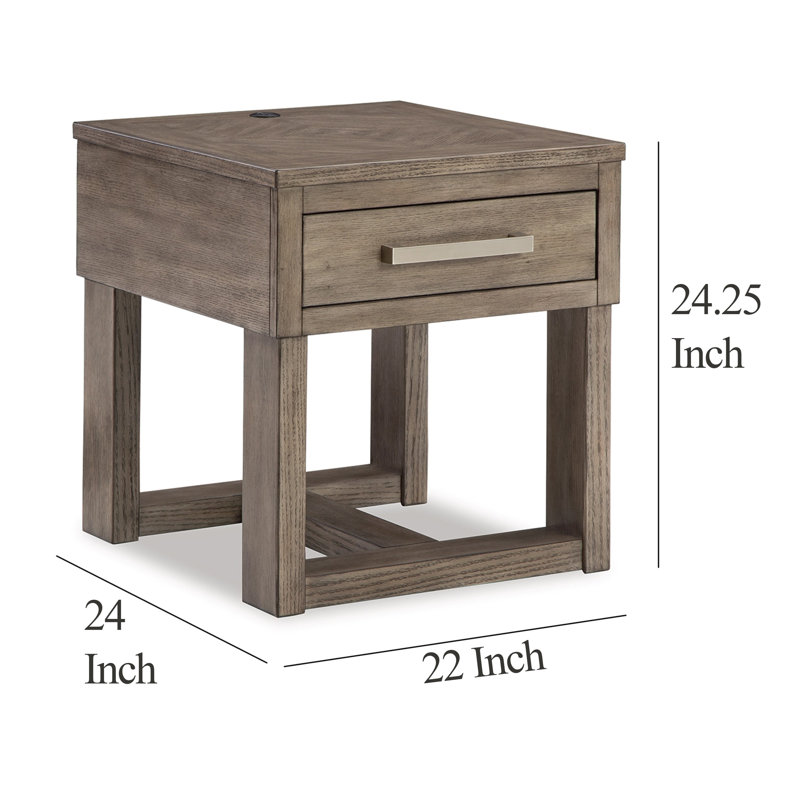 Transitional Brown and White Wood End Table with Storage and USB Charging