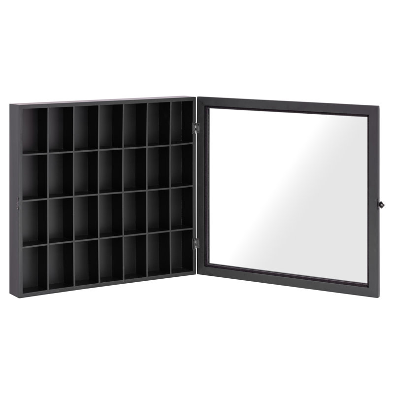 Gallery Solutions Black 18X16 Shot Glass Collection - Hinged Front Display Case Holds 28 Shot Glasses Or Small Collectibles - Bar, Home, Office Accessories