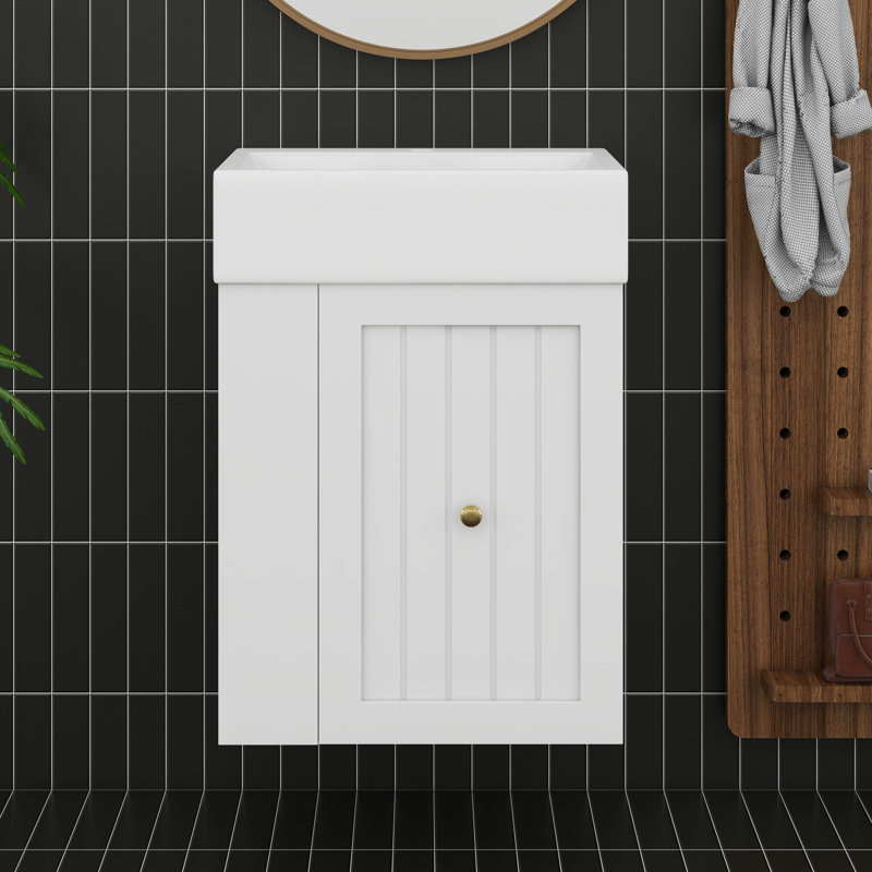 Meuble-lavabo de 20 po, meuble-lavabo flottant mural avec tiroir, tablette latérale et poignée, meuble de rangement pour salle de bain avec lavabo en céramique