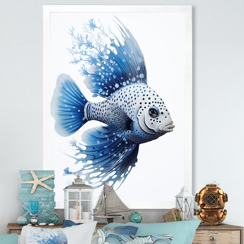 Croquis de poissons monochromes bleus et blancs I, Cadre simple blanc, H 44 po x l 34 po x P 1,5 po