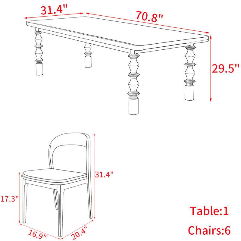 Ensemble de table en bois massif rétro de style français, H 29,5 po x L 70,8 po x l 31,4 po