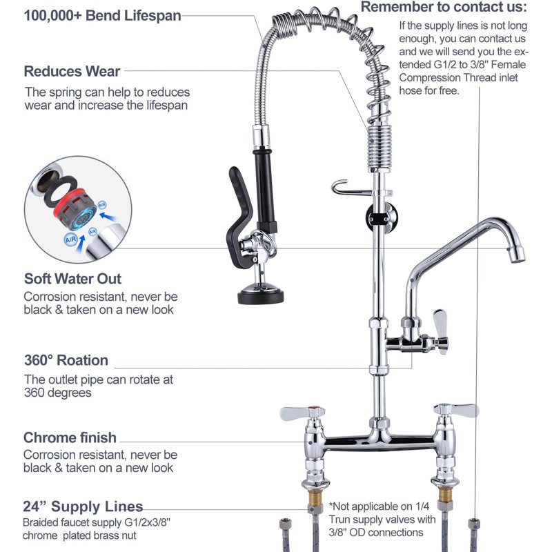 Commercial Kitchen Faucet with Pre-Rinse Sprayer 26Inch