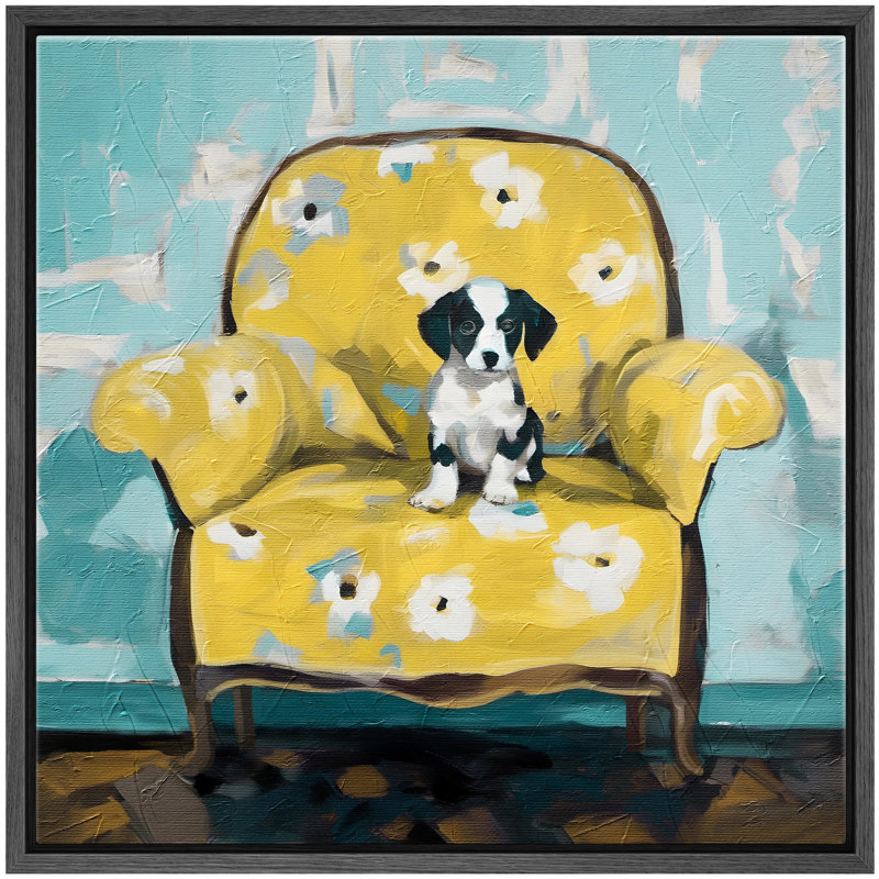 "Chiot sur un canapé floral, charmant canin relaxant et calme, art moderne pastel" sur, Noir, H 24 po x l 24 po