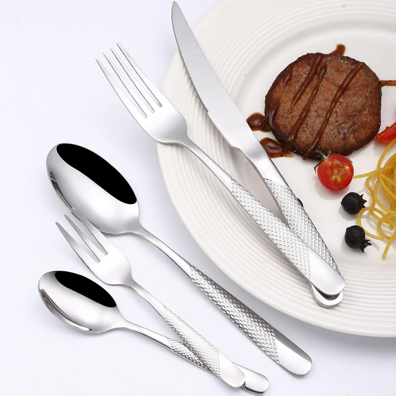 Ensemble de couverts 20 pièces en acier inoxydable avec poignée martelée, finition polie miroir pour un usage quotidien et repas formel