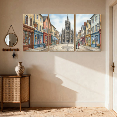 Ensemble de 3 reproductions d'art sur toile, "Scène de ville européenne charmante"