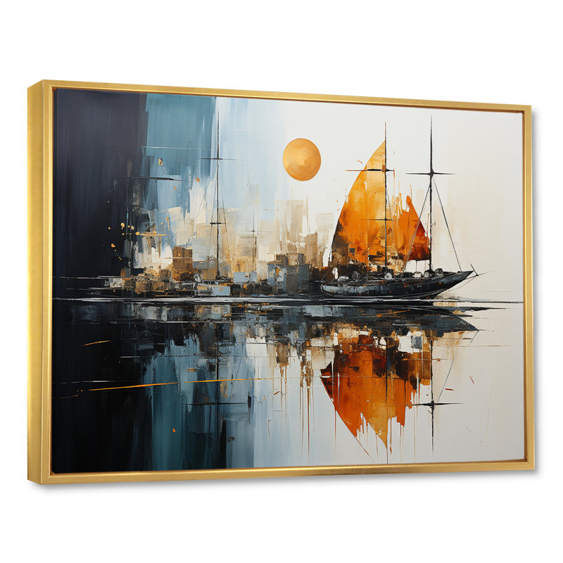 «Moonlight Saiboat Collage Horizon III - Bateau à voile, art mural», Cadre flottant doré, H 34 po x l 44 po x P 1,5 po