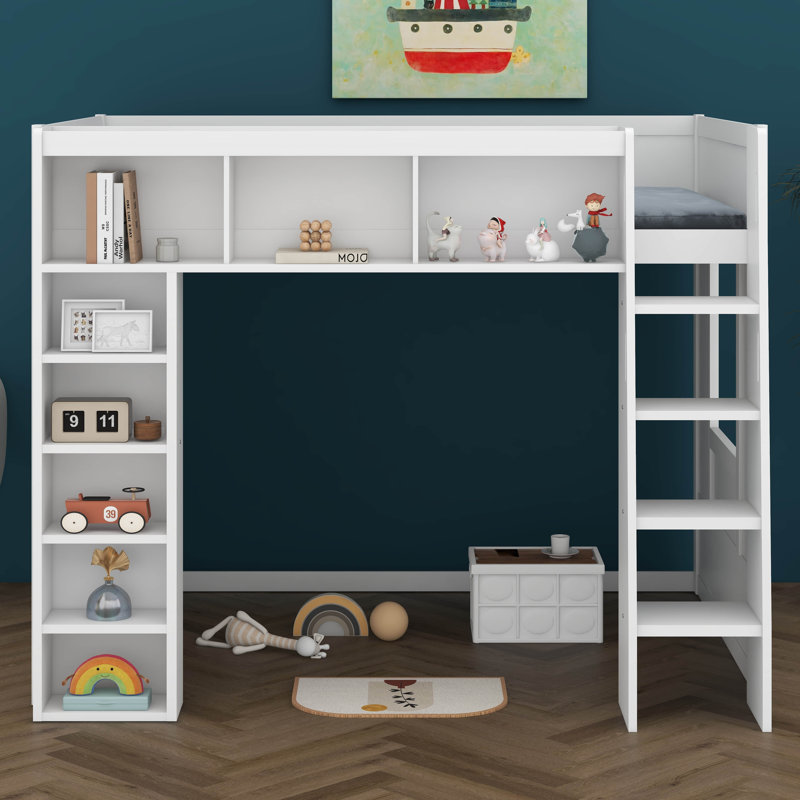 Queen Size Loft Bed With Storage Cabinets And Shelves, Bookshelf, Wooden Loft Bed Frame With Full-Length Guardrail And Ladder