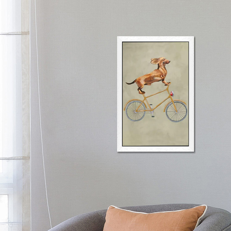 Dachshund On Bicycle I by Coco De Paris - Print on Canvas, 101.6 cm H x 66.04 cm W, White Framed