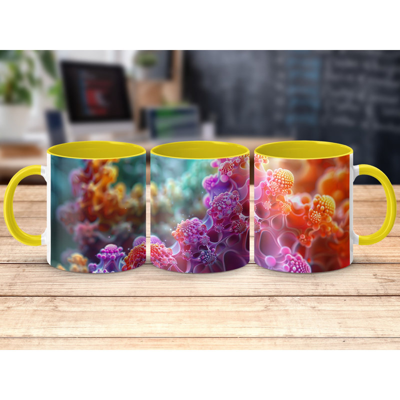 3D Design 11oz Accent Mugs – Ceramic Coffee Cup with a Yellow Handle and Interior