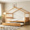 Lit double en bois naturel avec lit gigogne, lit plateforme pour enfants avec toit et rails de sécurité