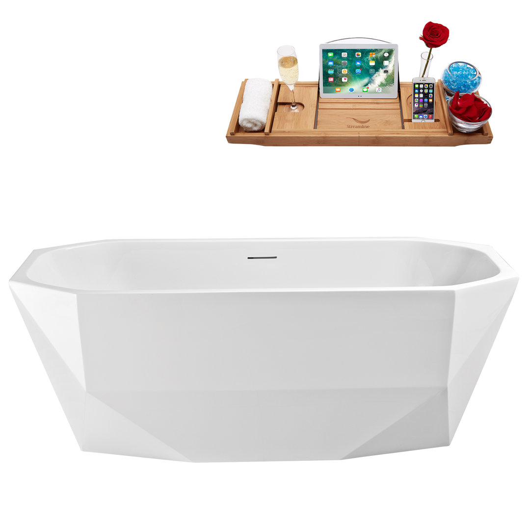 63'' Streamline Freestanding Soaking Acrylic Bathtub With Drain and Bamboo Tray Streamline Bath Drain 