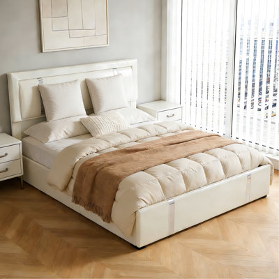 Modern Full Size White Bed Frame, Adjustable Led Lights, - C Ports, Faux Leather Frame With Smart