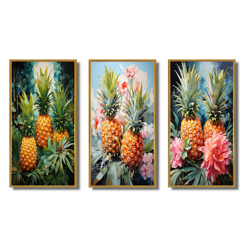 «Pineapples Tropical Dots», 3 pièces sur toile, Cadre flottant doré, H 32 po x l 48 po