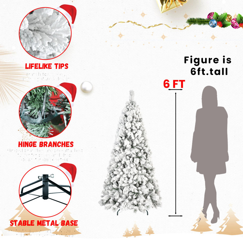 Arbre de Noël floqué avec pointes - PVC enneigé et branches à aiguilles dures, structure à charnières pour une installation facile, support en métal stable - arbre de Noël réaliste à corps entier