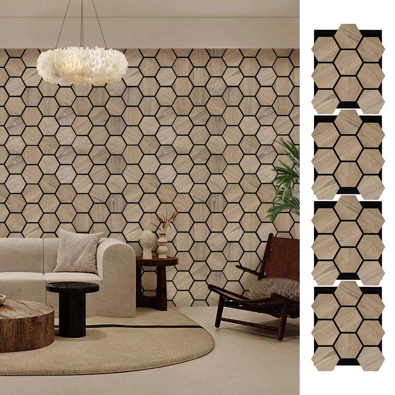 29"x23.8" 3D Hexagon DIY Acoustic Wall Paneling Natural Wood Veneer Decorative Soundproof (Set of 4), Walnut