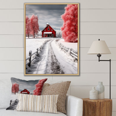 «Red and White Winters Barn», reproduction sur toile encadrée