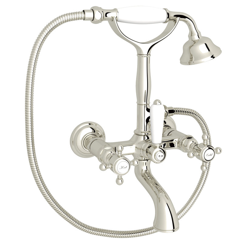 Country Exposed Wall Mount Tub Filler, Polished Nickel, Metal Cross Handle