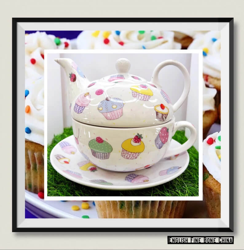 CUPCAKE English Fine Bone China Tea For One. Set Of A Pot, Cup And Saucer