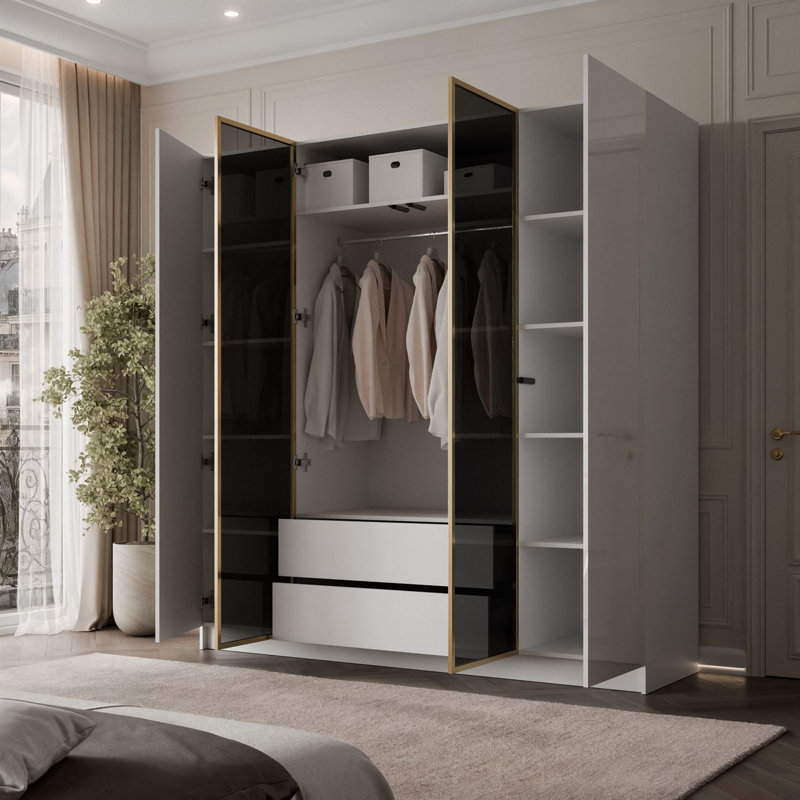 Wardrobe, LED included, Handleless opening system, white/ white gloss