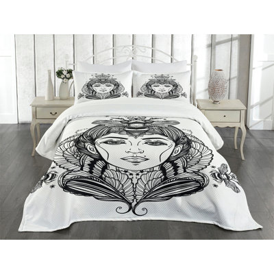 Ambesonne Bedspread Set 3 Pcs Folk Fantasy Art King Dark Brown and White