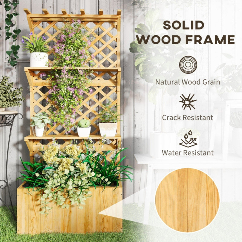 52L Wooden Planter Box with Trellis and Storage Shelves, Raised Garden Planter, Natural Finish