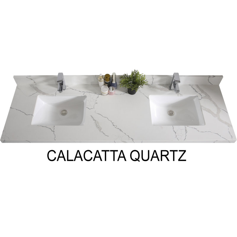 Meuble-lavabo à double cuve 60D x 22 Uckfield, Quartz Calacatta, Bleu marine