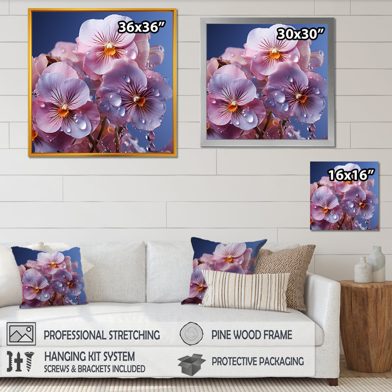 Pensées transparentes magiques roses sur toile, Cadre flottant doré, H 24 po x l 24 po