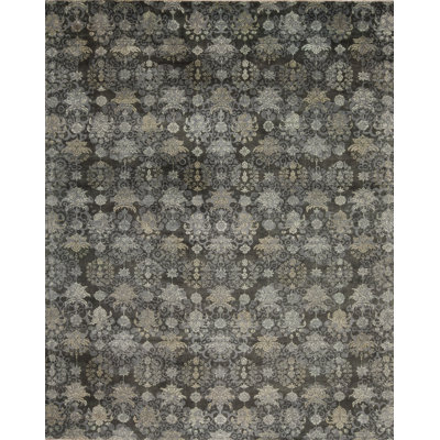 European Reserve Damask Hand-Knotted Rectangle 8' x 10' Wool Area Rug in Charcoal/Ivory/Beige