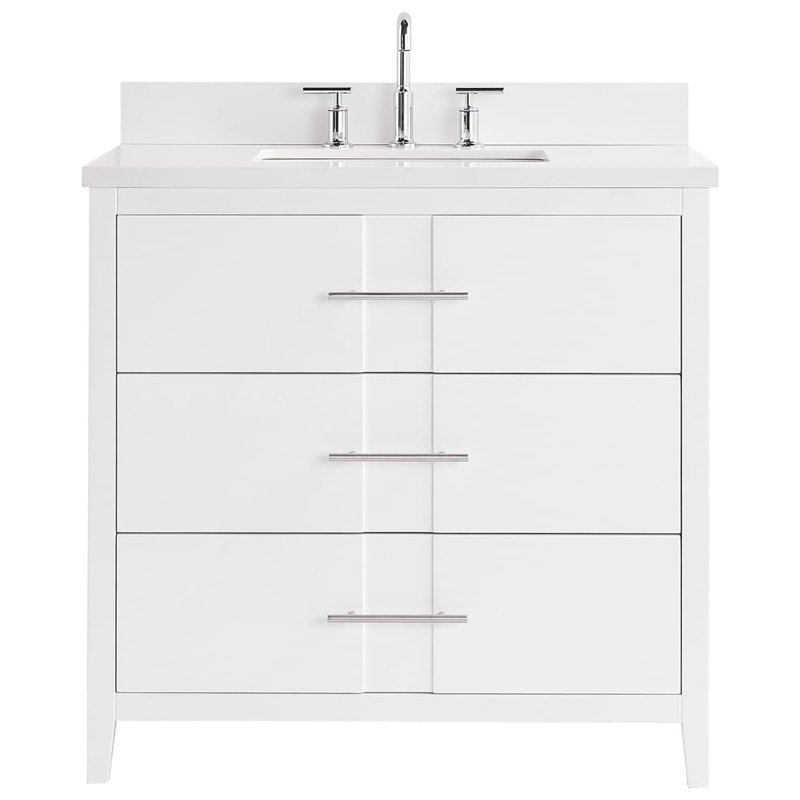 Meuble-lavabo simple autoportant de 36 po Atik avec comptoir en quartz blanc pur et lavabo en céramique, Blanc / argenté