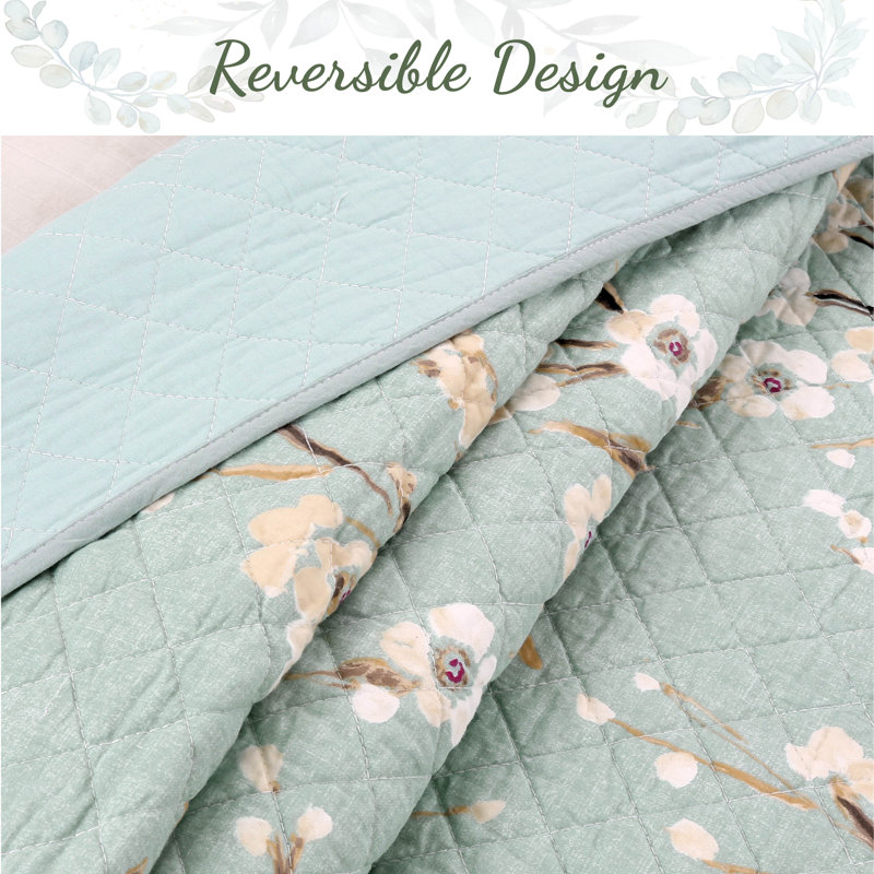 Cyan Blue Cotton Queen Reversible Floral Quilt Set