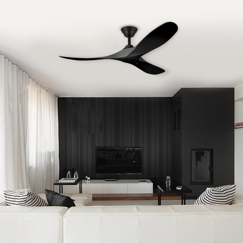 Grand ventilateur de plafond en bois massif à 3 pales avec télécommande, 52", Noir avec pales noires