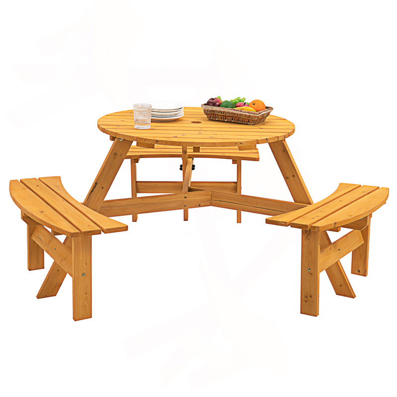 Table de pique-nique circulaire pour 6 personnes avec 3 bancs intégrés, Naturel