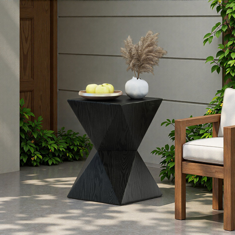 14.25" Wood Grain Finish Prismatic Symmetry Concrete Outdoor Side Table, Black