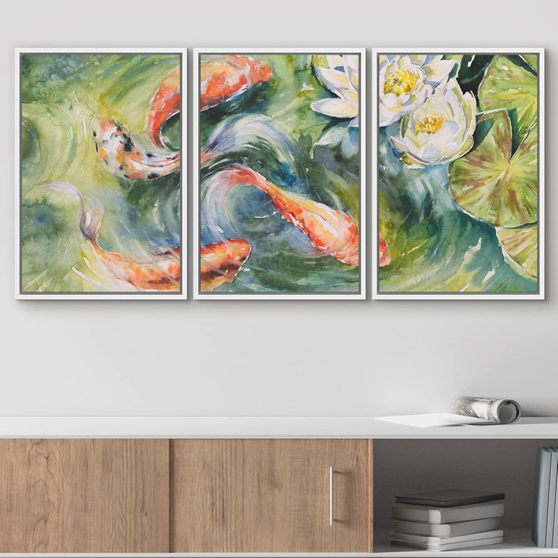 Aquarelle, koi japonais, poisson et nénuphar, animaux, faune, illustrations, réalisme, rustique, H 36 po x l 72 po