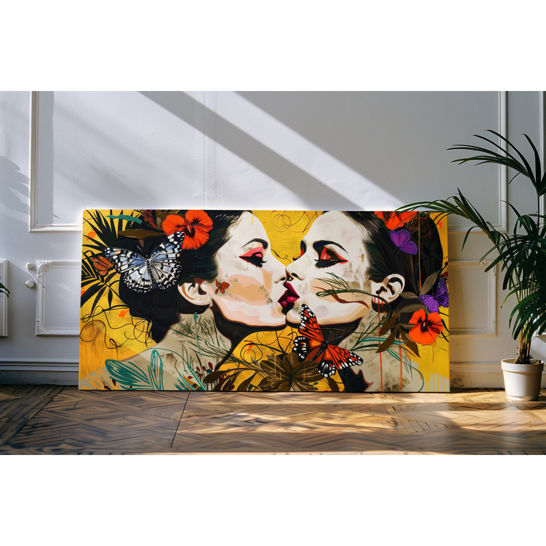 Wandbild 120x60cm Porträt von zwei jungen Frauen Bunt Farbenfroh Kuss Blumen Blüten