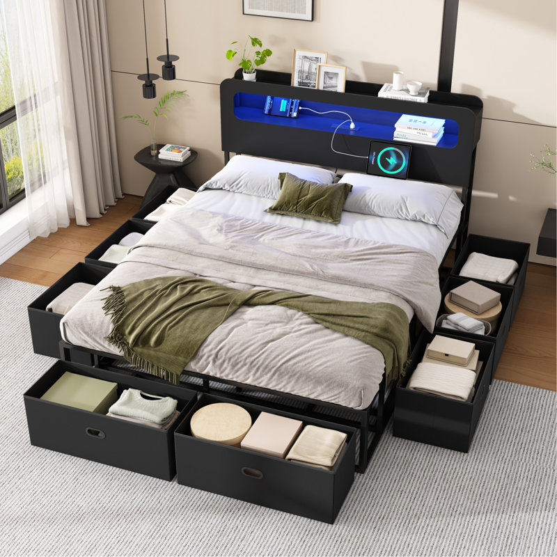 Structure de lit grand format avec rangement à 2 niveaux et tête de lit à DEL, station de charge, port USB et type C, avec 8 tiroirs de rangement sous le lit en tissu, sans sommier, noir