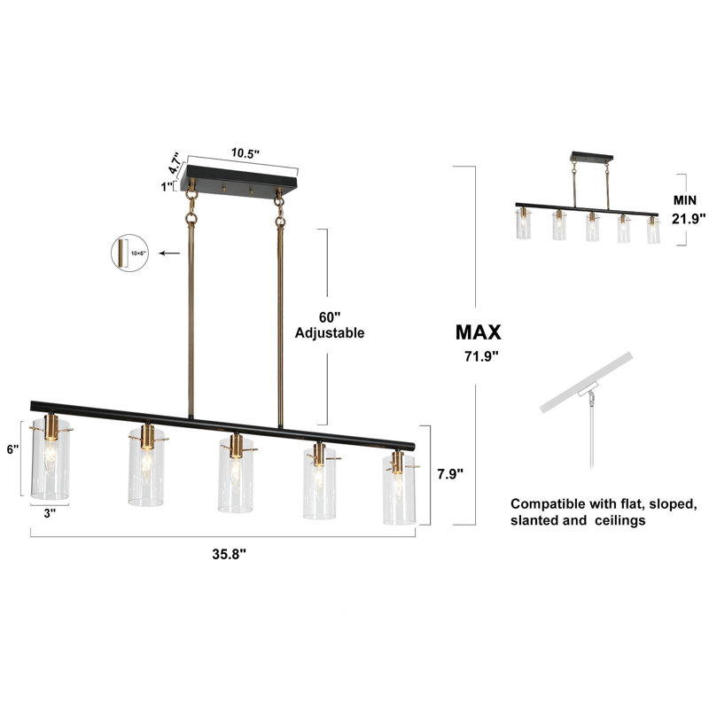 Luminaire suspendu pour îlot de cuisine à 5 lumières à intensité variable Froney, Cylindre