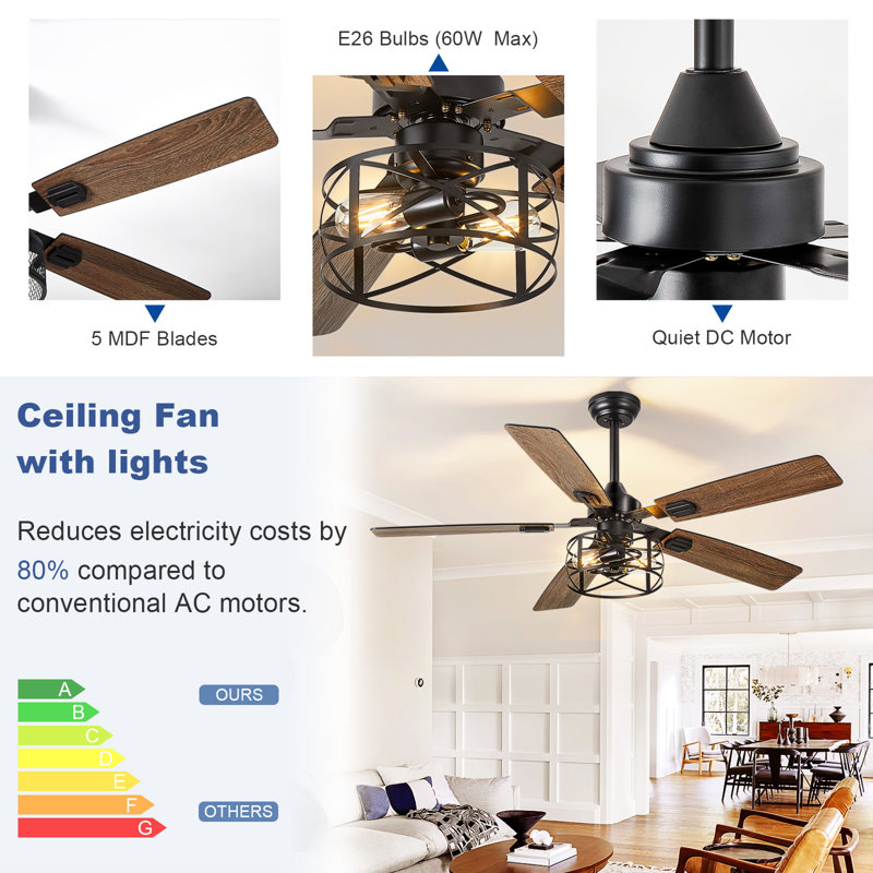 52 Inch Caged Ceiling Fans with Lights, Dual Finish 5 Black Walnut Blades Hanging Fan, Rustic Ceiling Fan with Remote Control for Farmhouse Indoor/Outdoor Use