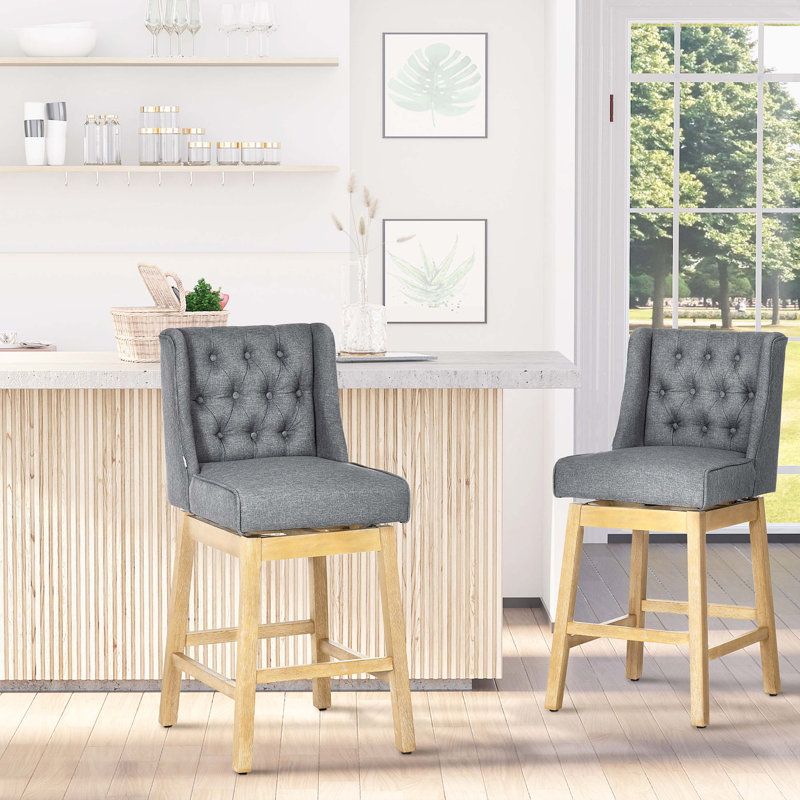 Chewning , 180 Degree Swivel Kitchen Island Stool Dining Room Chairs with Solid Wood Footrests and Button Tufted Design, Gray