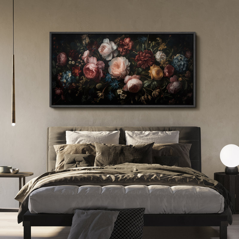 "Bouquet floral opulent avec roses et fleurs sauvages, œuvre d'art rétro très grande", Noir, noir, noir, noir