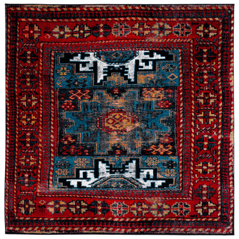 Tapis bleu / rouge Ayla, Carré 6 pi 7 po