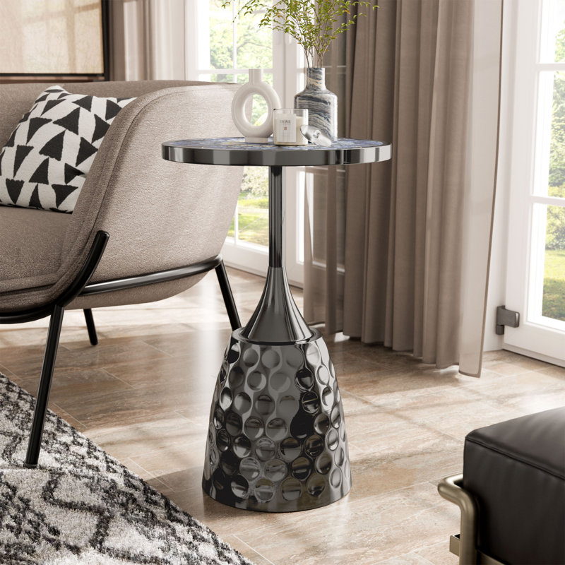 Cheryll Metal Side Table With Geometric Pattern Top And Hammered Base
