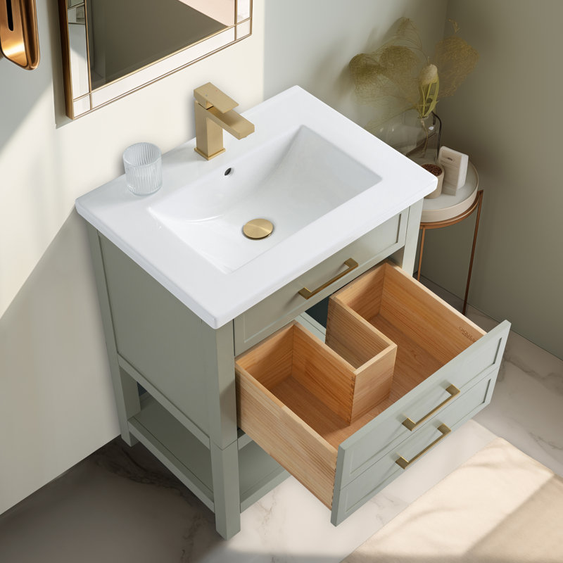 Meuble-lavabo simple 24 po avec comptoir en céramique Vicini, Sauge clair / or brossé